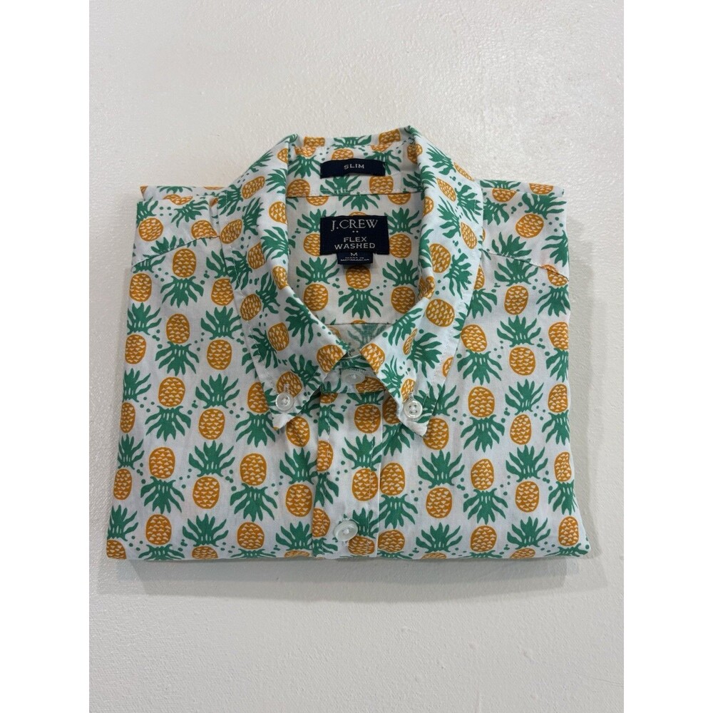 J.CREW Mens M Short Sleeve Button Up Flex Washed Slim Fit Pineapple Tropical
